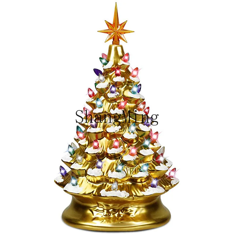 

PYH gold silver resin Christmas tree snowflake glowing lights battery festive desktop decoration ornament