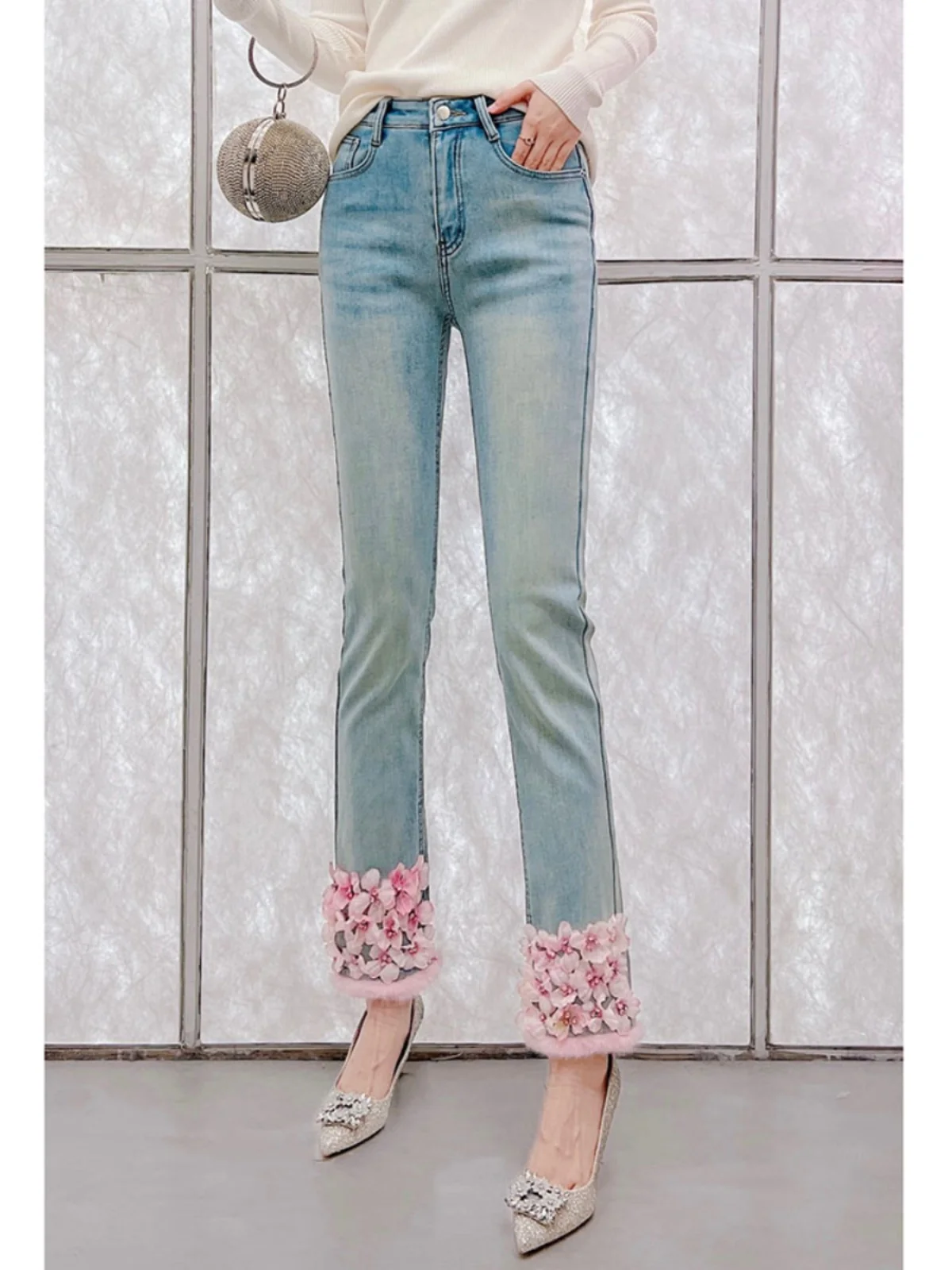 Design Sense Heavy Industry Beaded Flowers Fleece Jeans Women's Winter New High Waist Skinny Elastic Straight Pants Light Blue