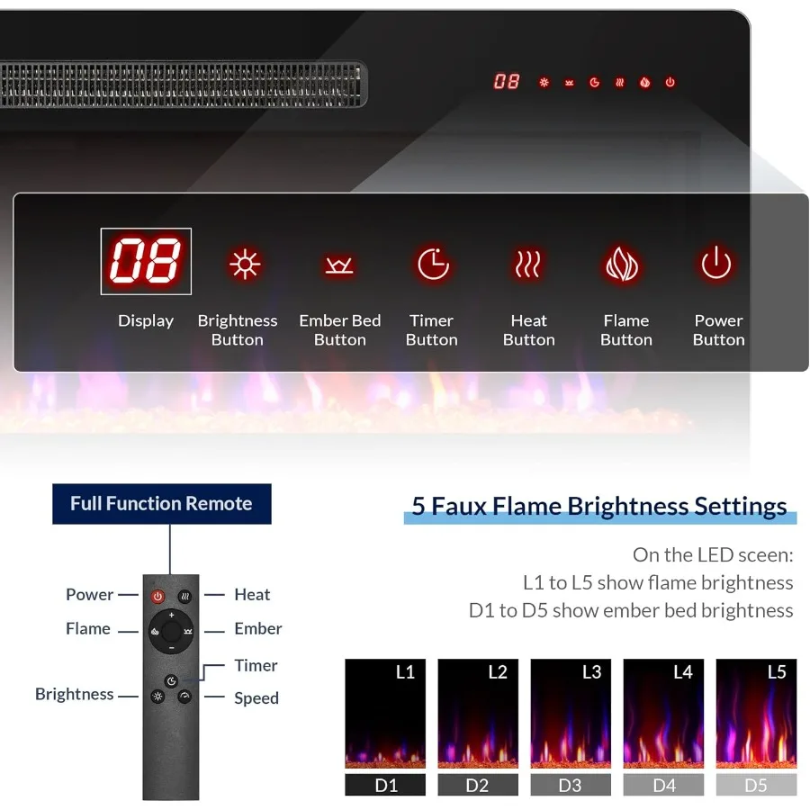 42 Electric Fireplace Heater 1400W Recessed Wall Mounted with Remote Control Adjustable Flame Color and Brightness Timer Touch