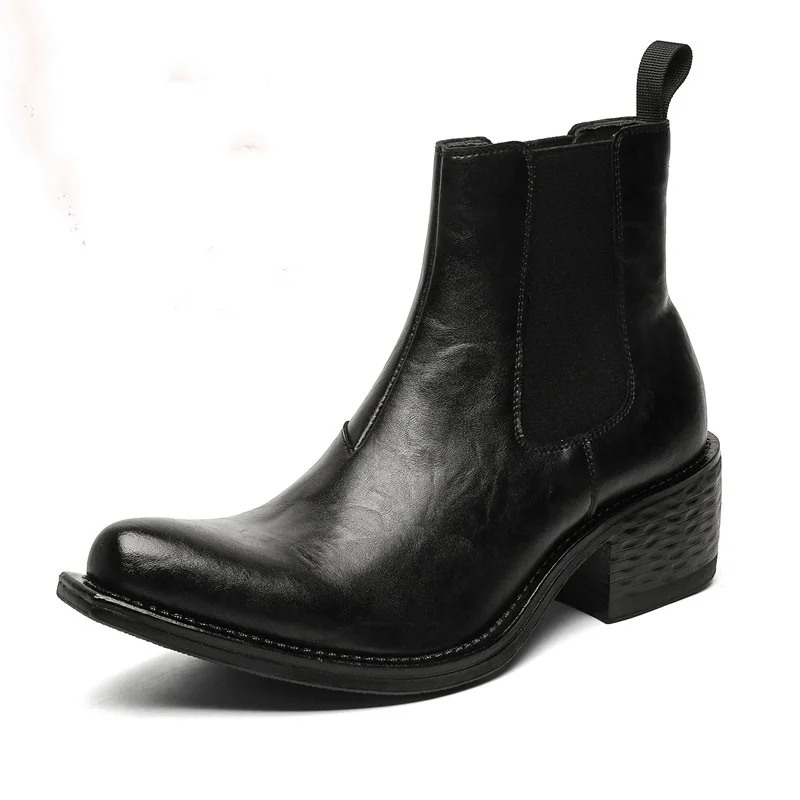أحذية تشيلسي عالية الحجم للرجال على الموضة من Punk Rock باللون الأسود والبني سهلة الارتداء أحذية رعاة البقر الأصلية من الجلد مصممة للكاحل