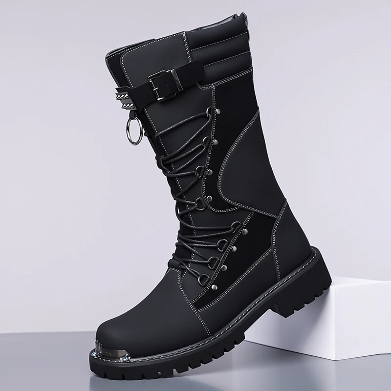 men's fashion punk gothic high motorcycle boots original leather shoes designer cowboy platform boot cool long knight botas mans