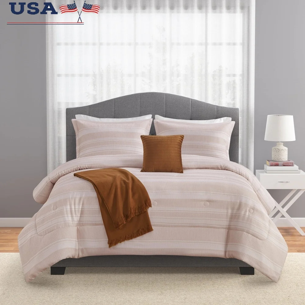 

5-Piece Rust Stripe Comforter Set Full Queen Jacquard Fabric Modern Bedding Shams Decorative Pillow Throw Machine Washable