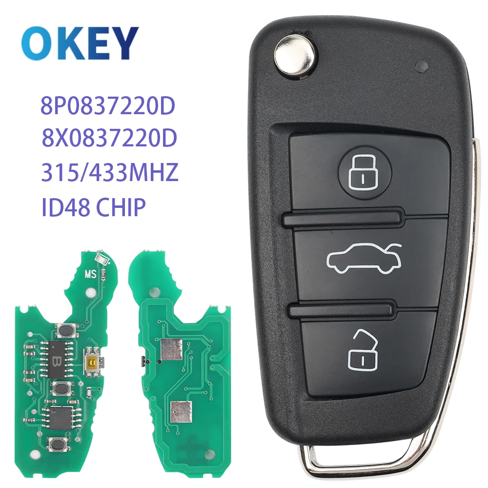 Okey Fernbedienung Auto Schlüssel ID48 Chip 315/433 MHZ Für AUDI A1Q3 A3 TT S3 S1 2005-2016 8P0837220D 8X0837220D Flip Fernbedienung Schlüssel Fob