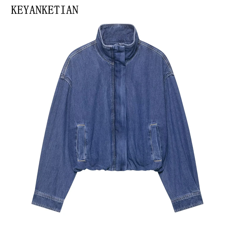 

KEYANKETIAN 2025 Autumn New Women's High Neck Denim Jacket Coat Street style Double Pockets Zipper Loose Short Blazer Outerwear