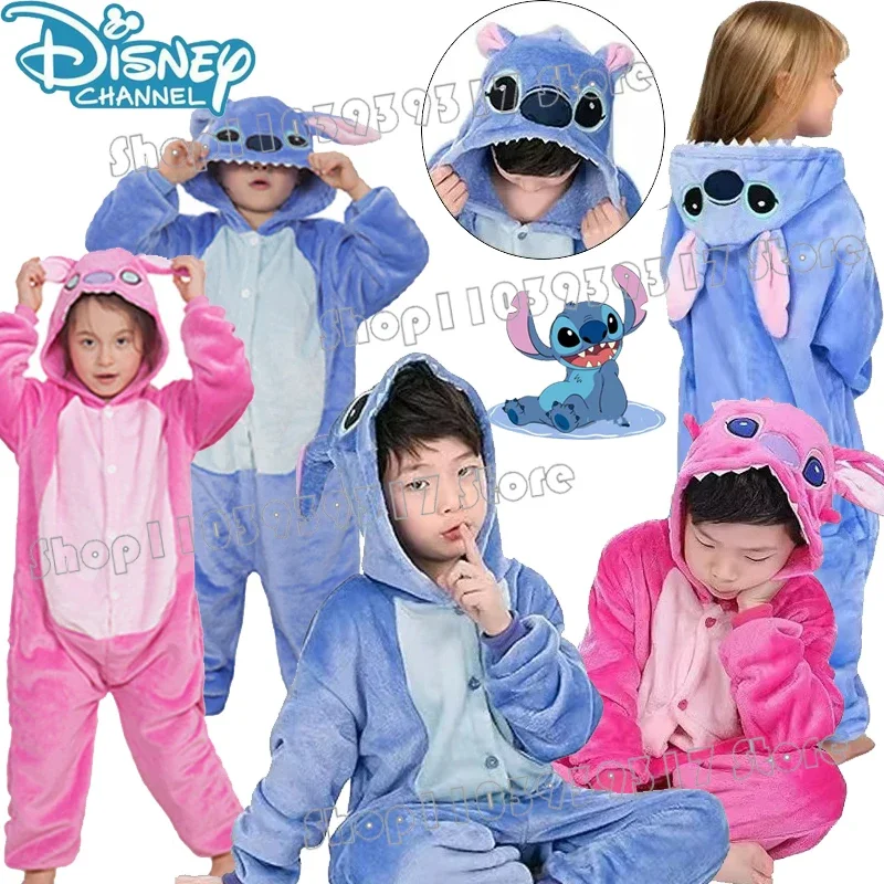 

New Disney Lilo & Stitch Children's Winter Pajama Anime Cartoon Stitch Blue Pink Onesie Boys Girls Flannel Pajama Set Gift