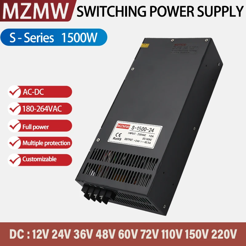 MZMW 1500W Switching Power Supply 12V 24V 36V 48V 72V 80V 110V 220V AC/DC Industrial High Power Transformer Power Adapter Smps