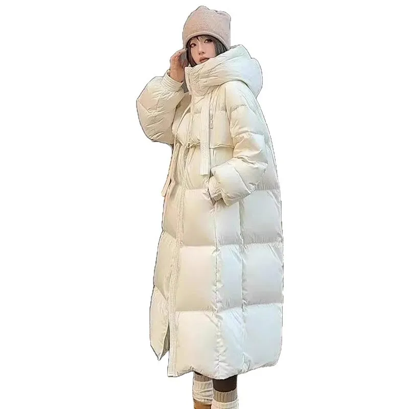 Giacca invernale in cotone da donna lunga calda e spessa, tasca grande, parka casual con cappuccio allentato, giacca casual da donna in puro colore