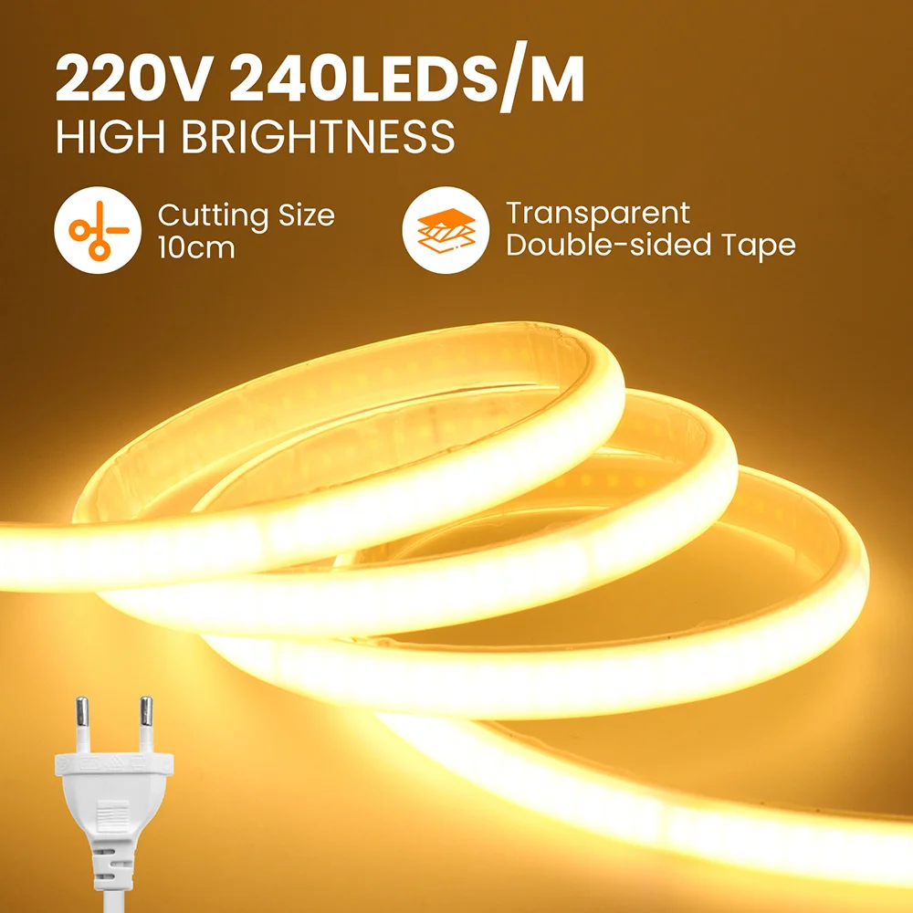 220V Switch COB LED Strip Light Power Plug Kit 240 LEDs Flexible Milk Silicone Tube Lamp Adhesive Tape with IC 3000K 4000K 6000K