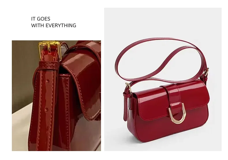 High-quality bag patent leather shiny vintage burgundy horseshoe buckle, fashionable, hand-held, underarm shoulder crossbody bag