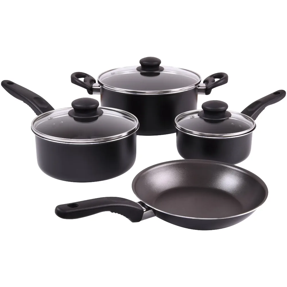 Juego de Ollas y Sartenes Antiadherentes de 7 Piezas, Juego de Cocina de Aluminio Negro para Inducción con Tapa