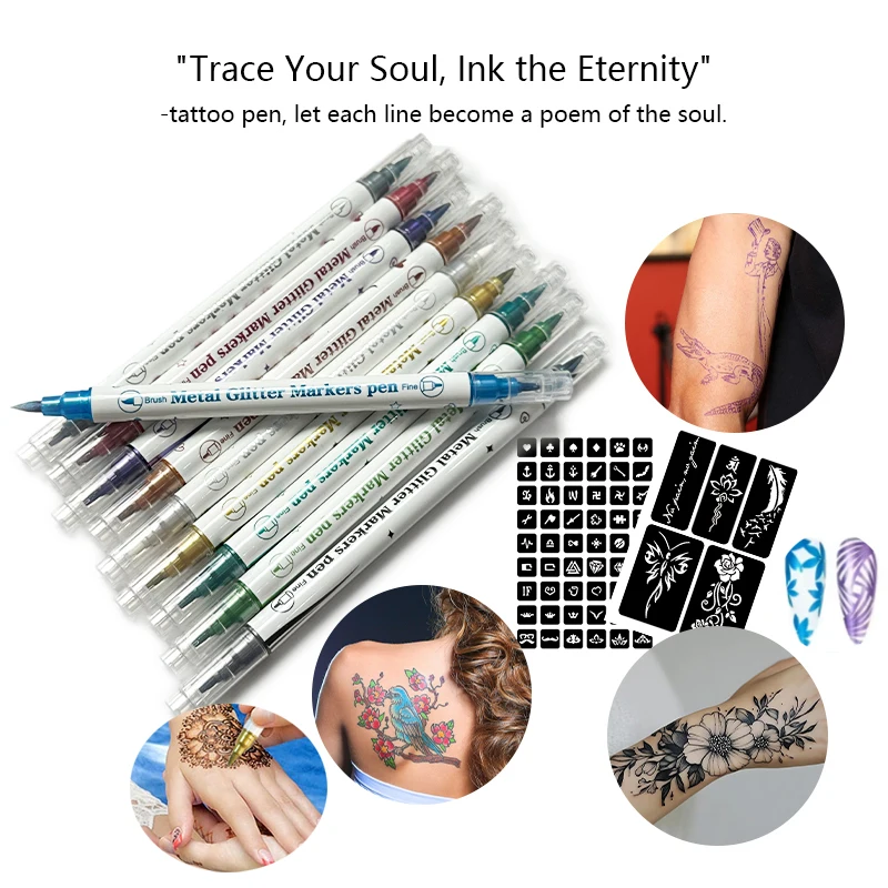 

Набор временных ручек для татуировки, блестящие маркеры с 10-цветными маркерами и шаблонами из 3 листов для макияжа татуировок для тела и лица