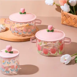 Creative Pink Flower Instant Noodles Glass Pot Can Be Heated Soup Pot Double Ears Salad Bowl Covered with a Large Capacity Bowl