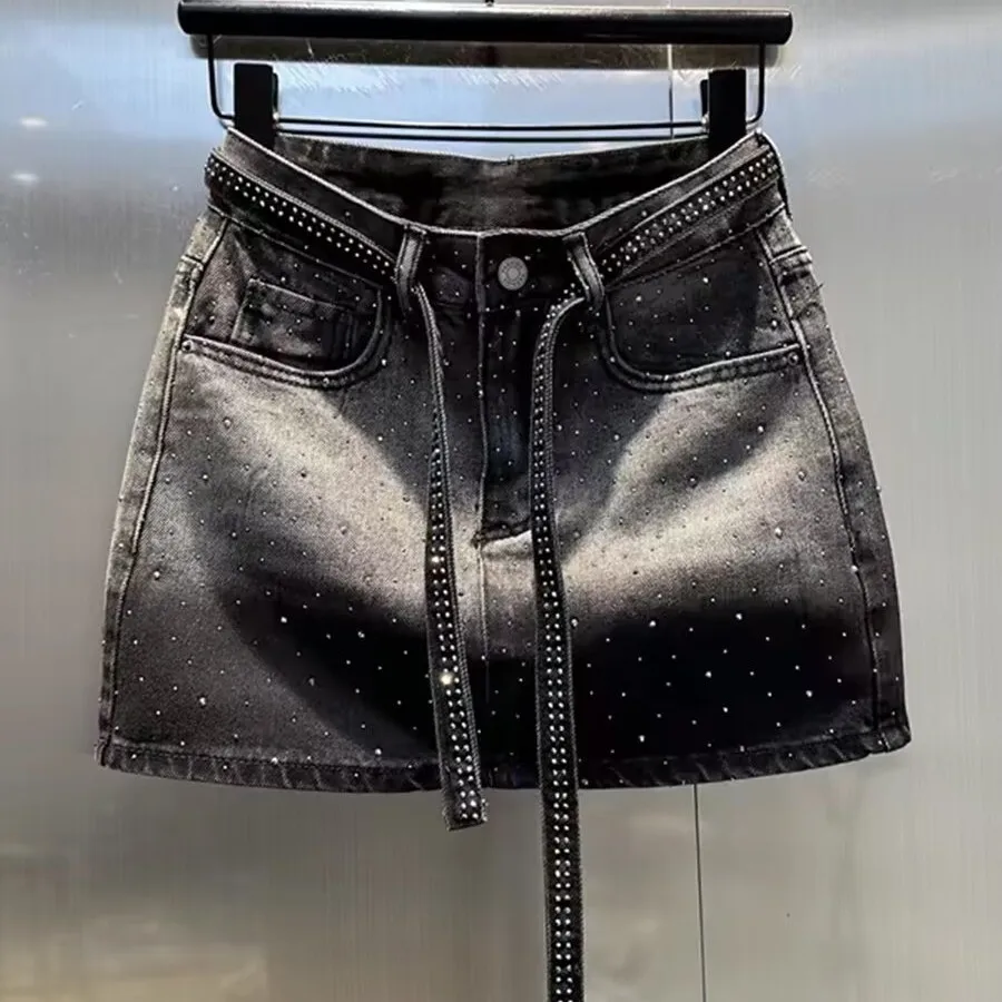 

Diamonds Vintage Denim Short Skirt 2025 Summer New High Waist Fashion High Waist A-line Skirt Women Clothes Trend Sexy Skirts
