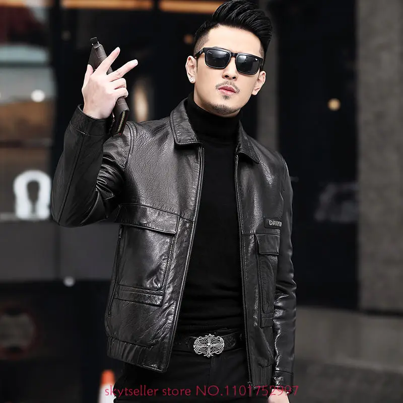 

2022 Men's Spring Autumn New Lapel Short Real Leather Jackets Male Genuine Sheepskin Coats Men Lapel Motorcycle Outerwear N14