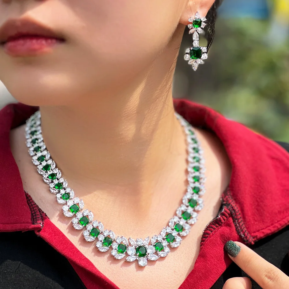 CWWZircons Luxurious Elegant Green Cubic Zirconia Big Women Wedding Event Costume Necklace Earrings Jewelry Sets for Brides T716