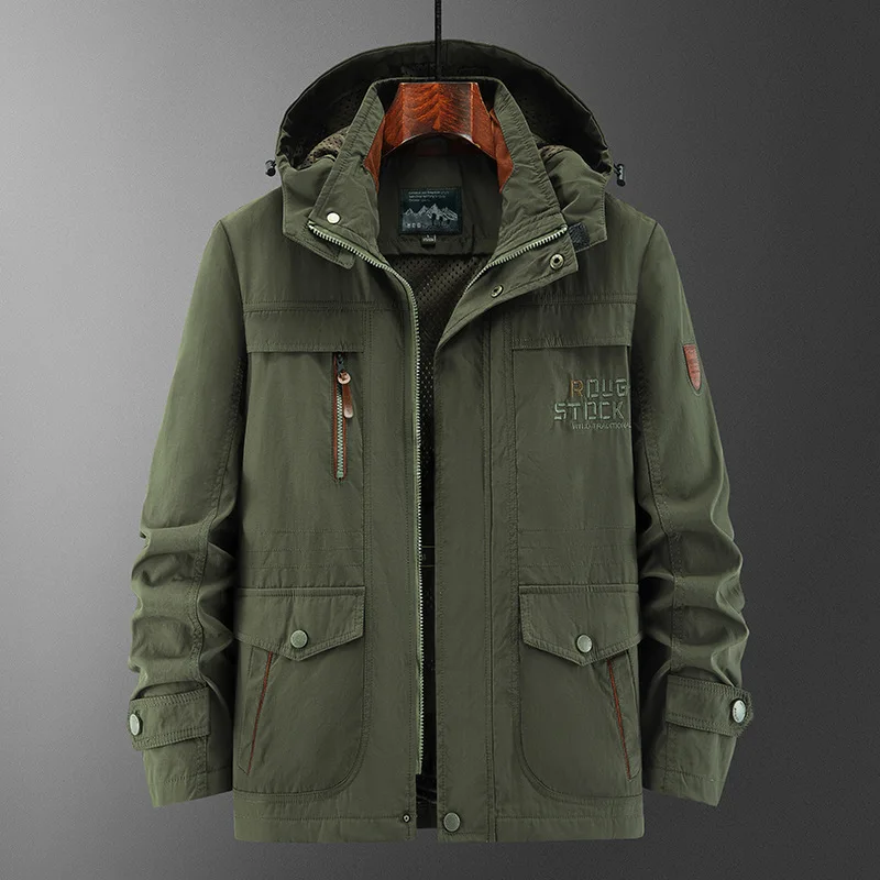 

Men's Large-Sized Waterproof Jacket Spring Autumn Outdoor Casual Mid-Length Windbreaker Multi-Pocket