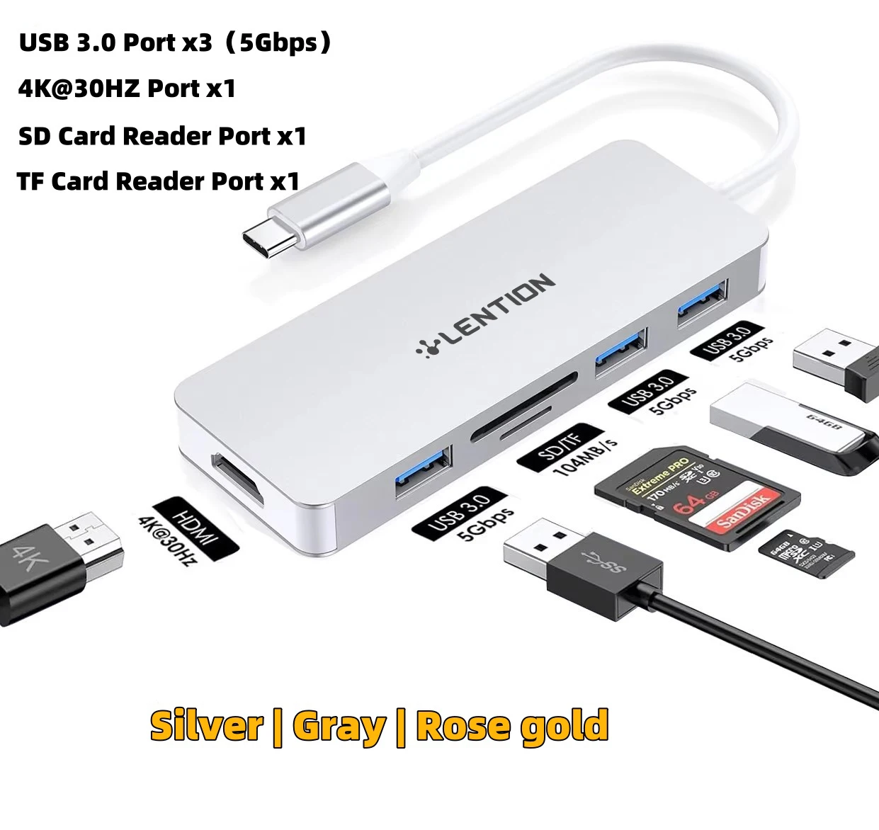 

6 IN 1 USB C Hub 5Gbps HDMI 4K30Hz 3PCS USB3.0 Port TF SD Card 104MB/S Adapter For Macbook Laptop Switch HDTV iphone 15 iPad