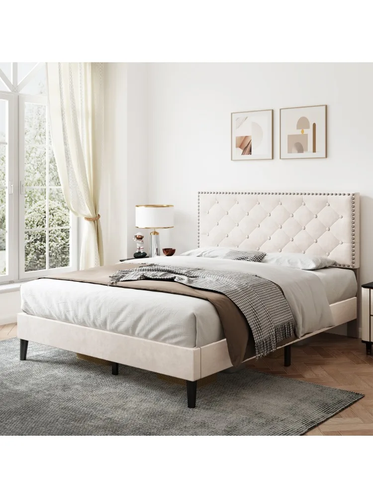 Ye 4ft6 Double Upholstered Velvet Bed Frame, with Adjustable Button-Tufted & Riveted Headboard, No Box Spring Needed,Beige