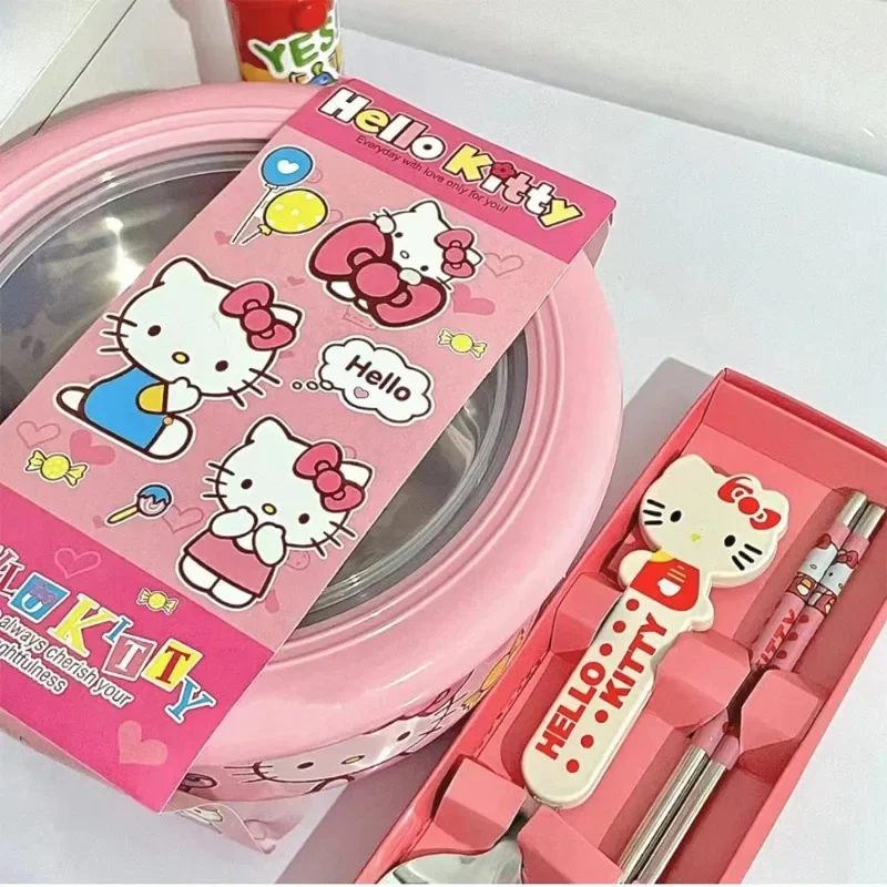 1200ML Sanrio Hello Kitty Stainless Steel Noodle Bowl with Lid Kawaii Large Cartoon Fruit Salad Rice Soup Bowl Kitchen Tableware