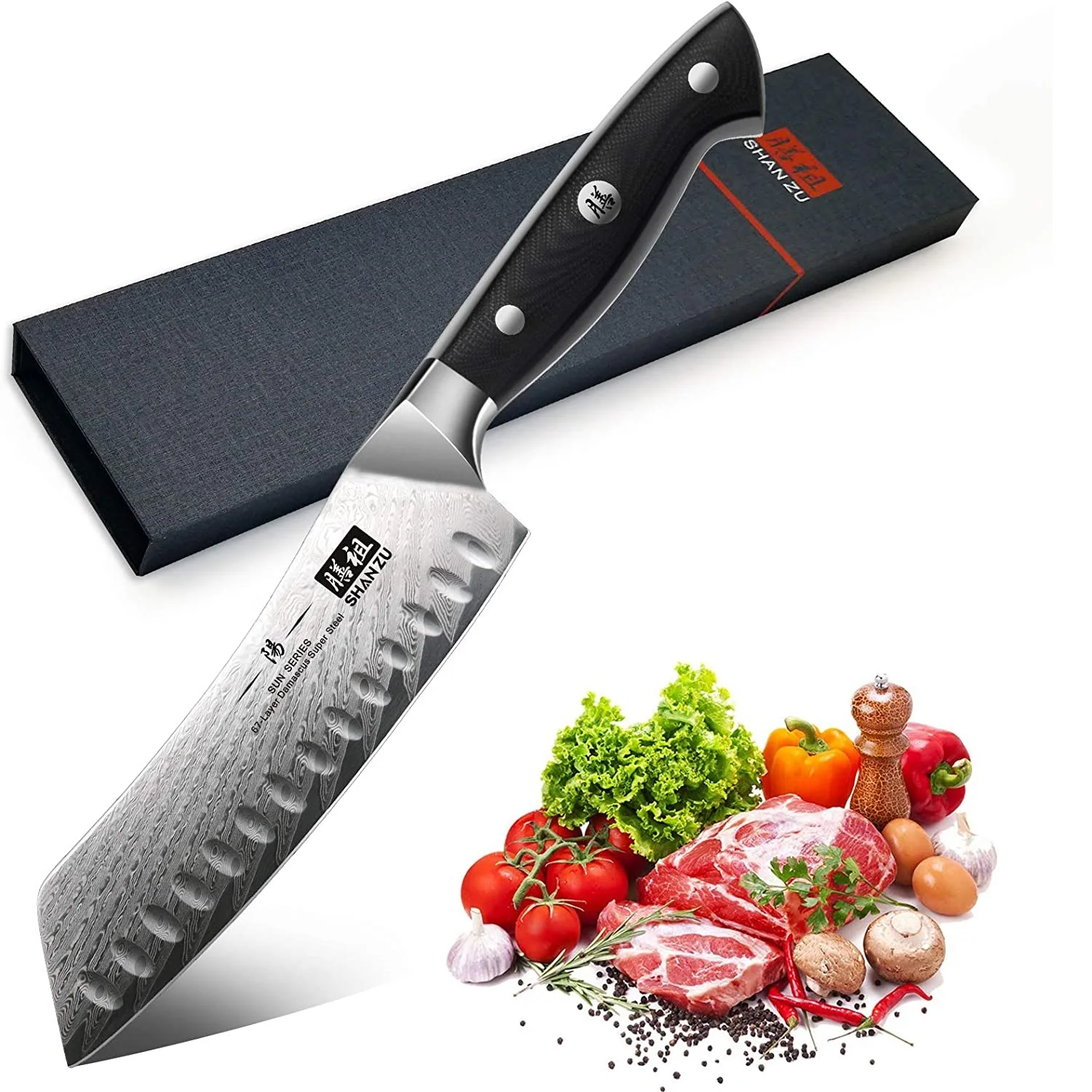 SHAN ZU SHAN ZU Damascus Santoku Kitchen Knife 18cm,Vegetable Meat Cutting Cooking Knife, 67 Layers Japanese VG10 Knives