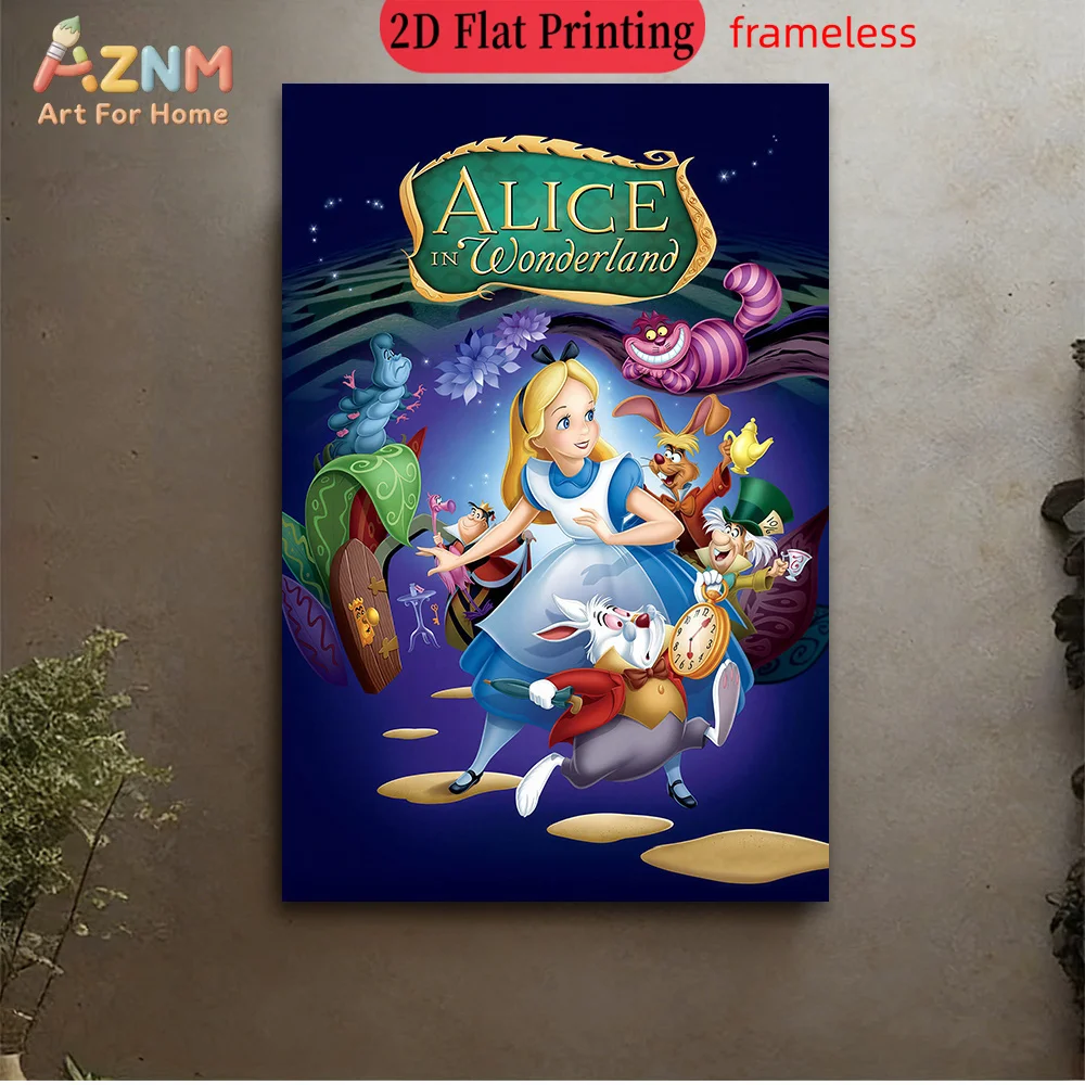 AZNM Lienzo sin Marco de Alicia en el País de las Maravillas, Arte de Pared de Disney con Alicia, Gato de Cheshire, Conejo Blanco, Sombrerero Loco y Escena de Fiesta del Té