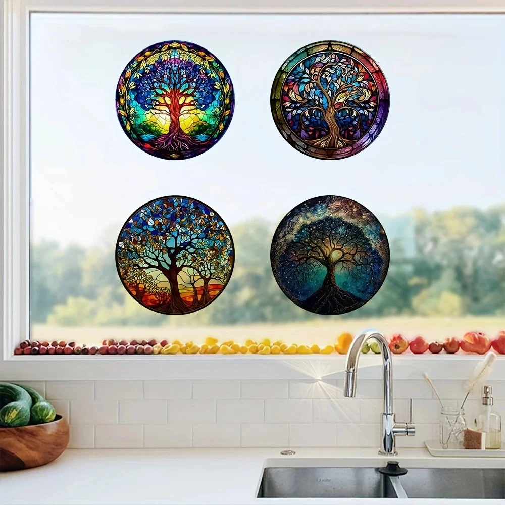 MT1073# Tree of Life Window Stickers Round Reusable Decals, Vibrant Stained Glass Art for Home, Car, RV  Holiday Gift Deco
