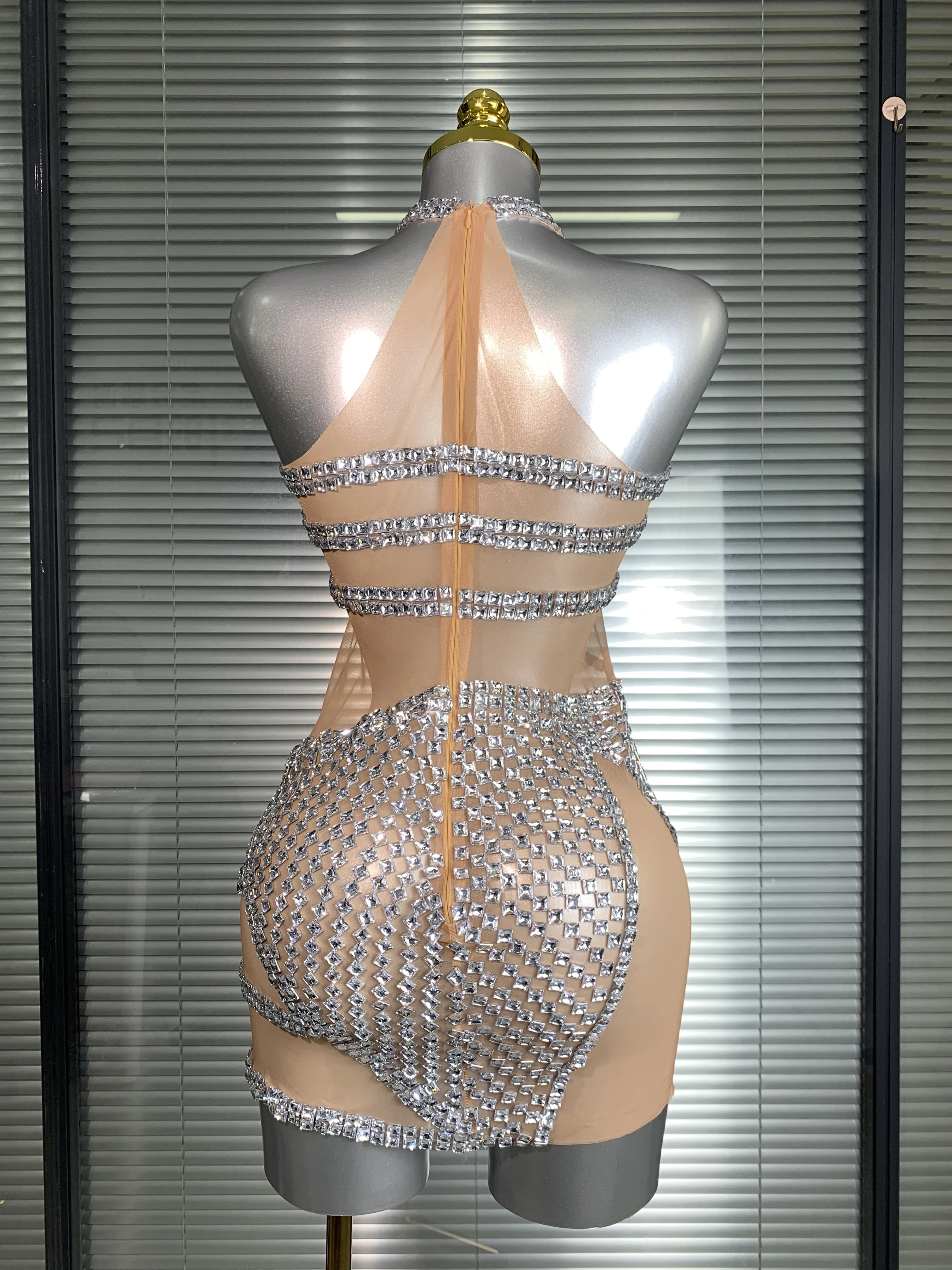 Minivestido de fiesta para mujer, traje Sexy de malla transparente de cristal para actuación en escenario, bailarina, cantante, Club nocturno, celebridad