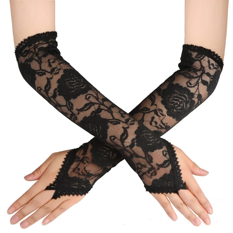 Vrouwen Sexy Accessoires Prachtige Jacquard Kant Mesh Ademende Vinger Haak Handschoenen Cosplay Paaldansen Podiumvoorstelling