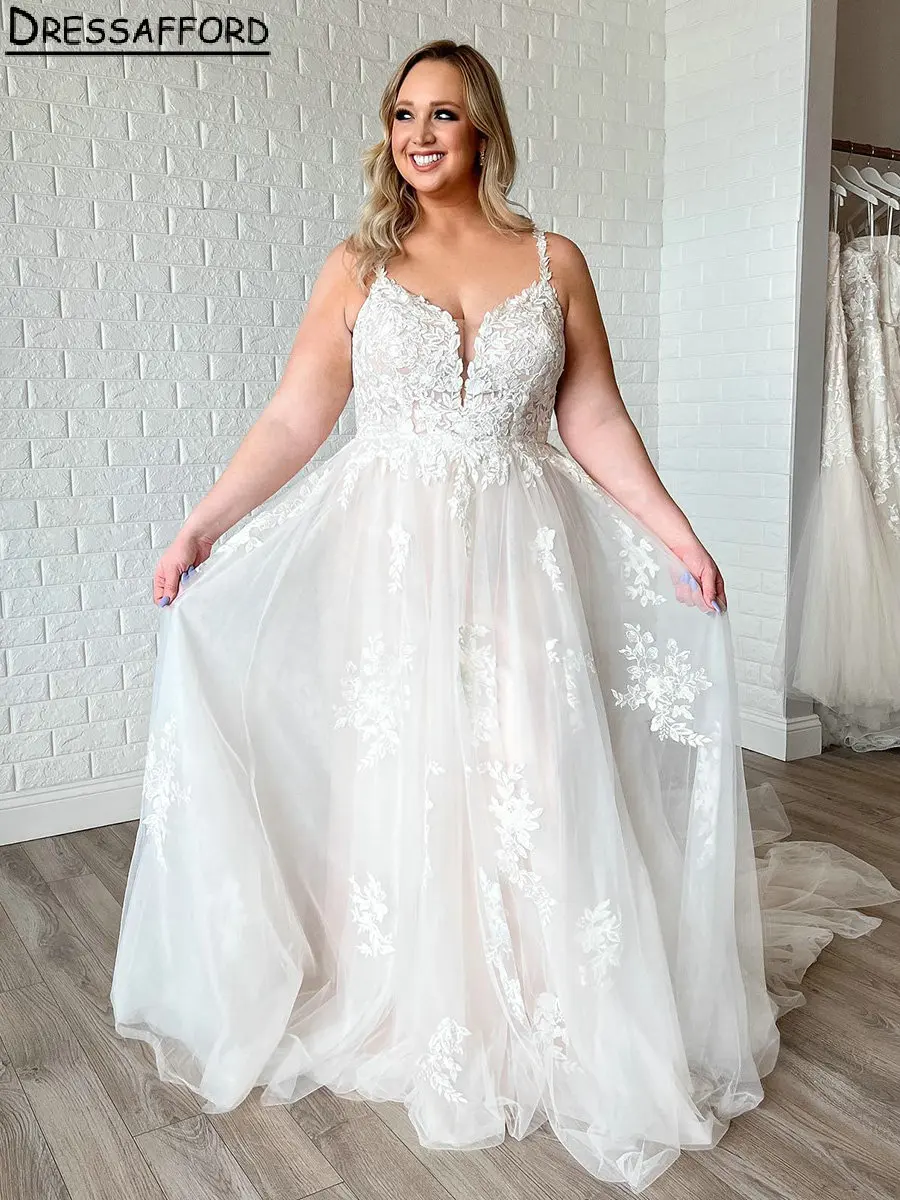 Vestidos De Noiva Lace A Line com Apliques, Correias De Espaguete, Vestidos De Noiva Sem Mangas, Plus Size