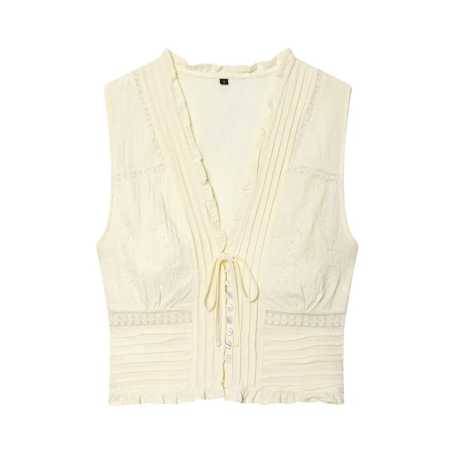 Drunk Sugar Elegant Tiered Layer Mesh Embroidery Sleeveless Top Self-tie Bow Detail V-neck Sheer Blouse for Daily Party Outfit