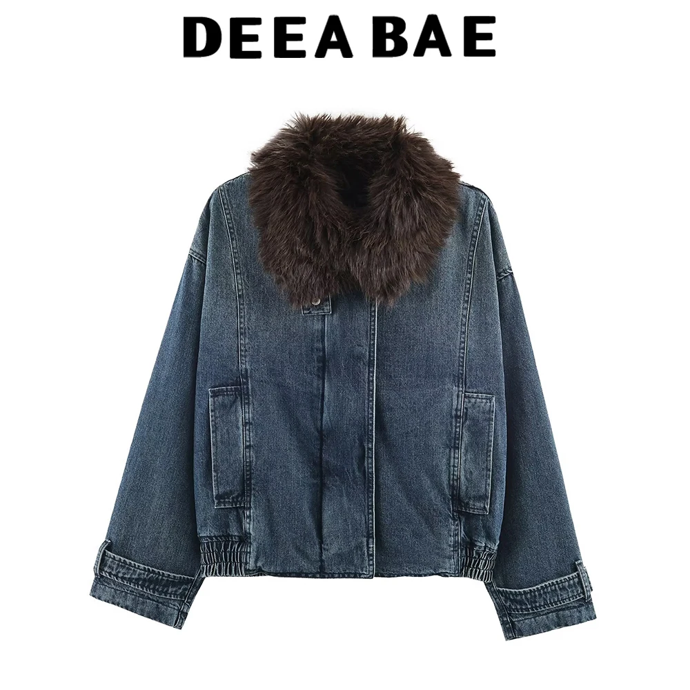 

DEEABAE European and American style fur collar denim jacket women's new fashion versatile lapel pilot jacket loose short jacket