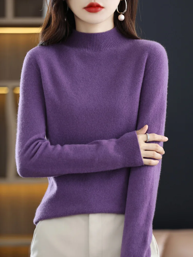 Addonee Autumn Winter Women Basic Sweater Mock Neck Pullover 100% Merino Wool Long Sleeve Solid Cashmere Knitted Female Clothes