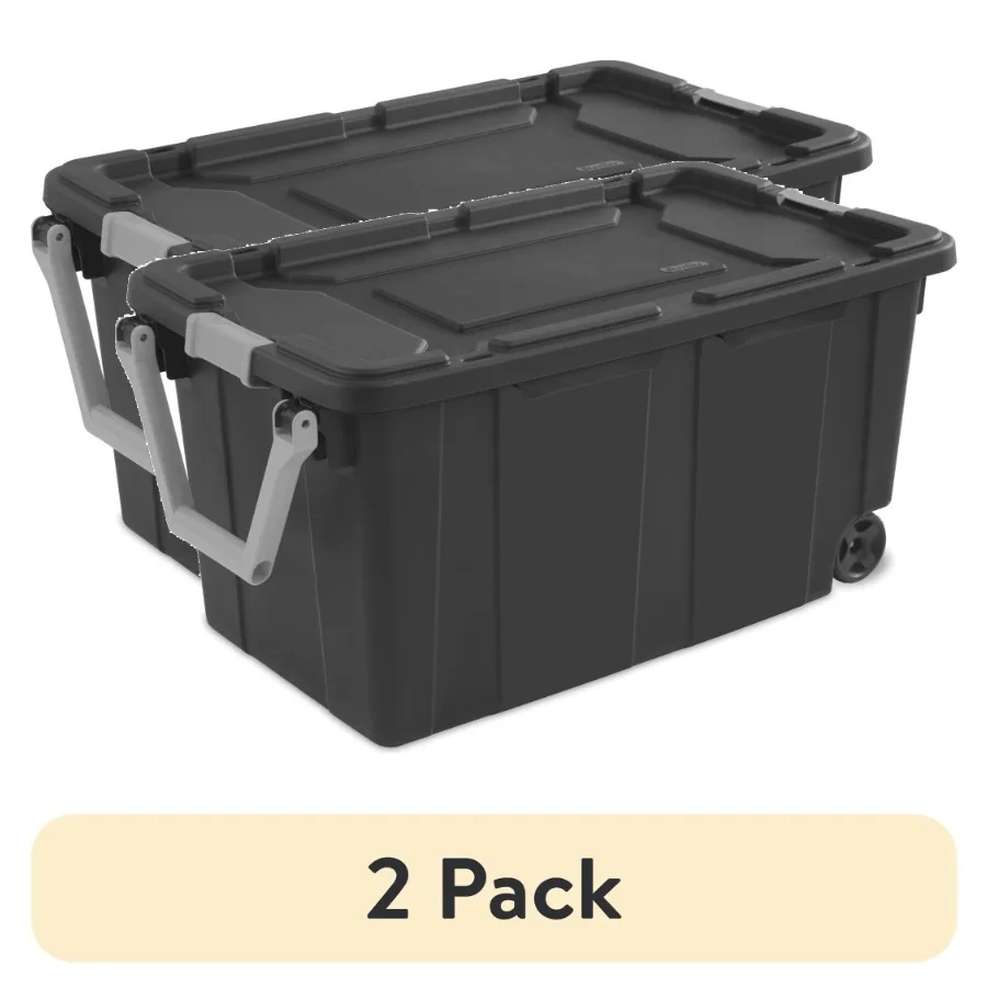 

2 pack Extra-Large Wheeled Industrial Storage Bin, 40 Gallon Durable Plastic Storage Tote with Latching Lid and Pull Handle, Da