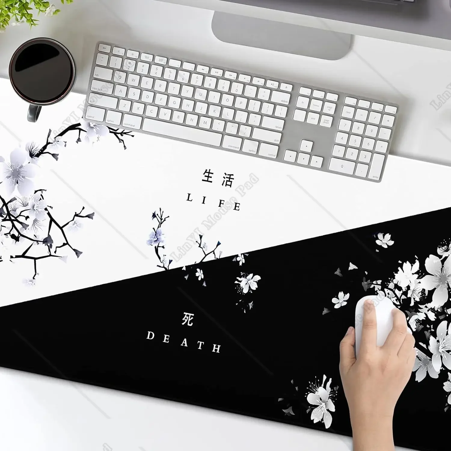 Black White Cherry Blossom Mouse Pad Sakura Death Life Flower Large Desk Mat Non-Slip  Stitched Edge for Gaming Laptop Office