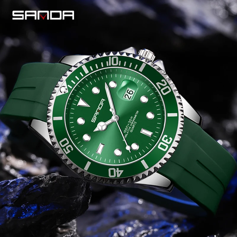 SANDA Mens Automatic Mechanical Watches Fashion Green Water Ghost Dial Simple Calendar Display Waterproof Silicone Strap Reloj