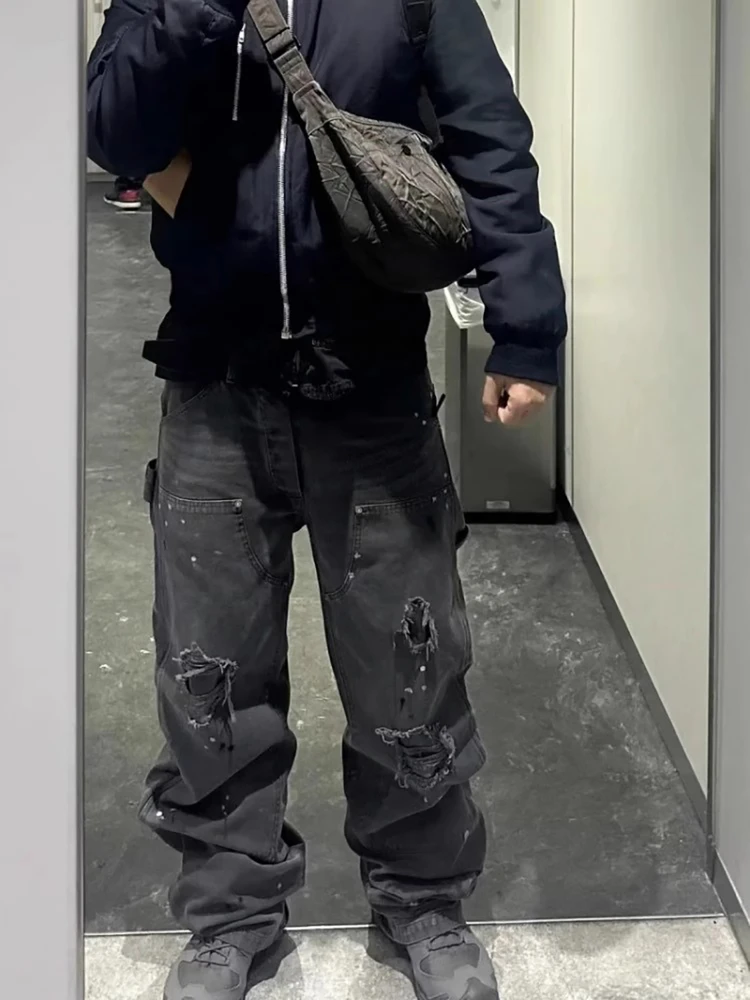 

Vintage Logging Work Pants Men's Distressed Straight Leg Loose Casual Long Trousers Splashed Ink Aging Process Jeans