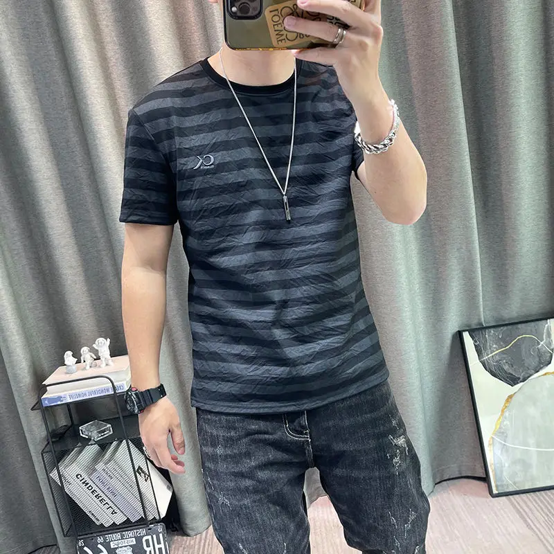 Striped short sleeve T-shirt Men 2024 summer new men\'s ice silk cotton half-sleeve T-shirt high-end men\'s clothes all-match Tops