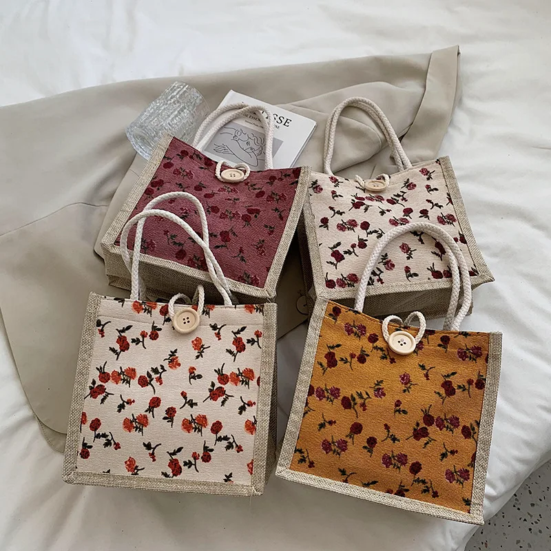 Retro Flower Pattern Linen Handbag Women Large-Capacity Shopper Tote Travel Grocery Storage Bag Gift Packing Bag