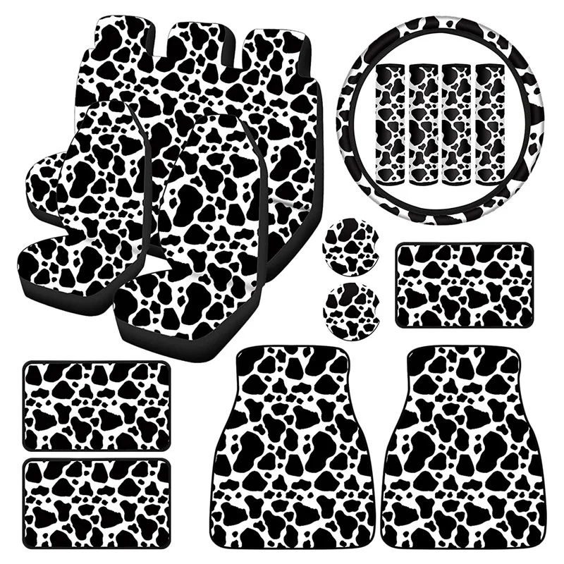 

19PCS Cow Print Car Seat Cover Kit, Car Steering Wheel Cover, Seat Belt Pads, Car Floor Mats, Car Coasters, Armrest Pad