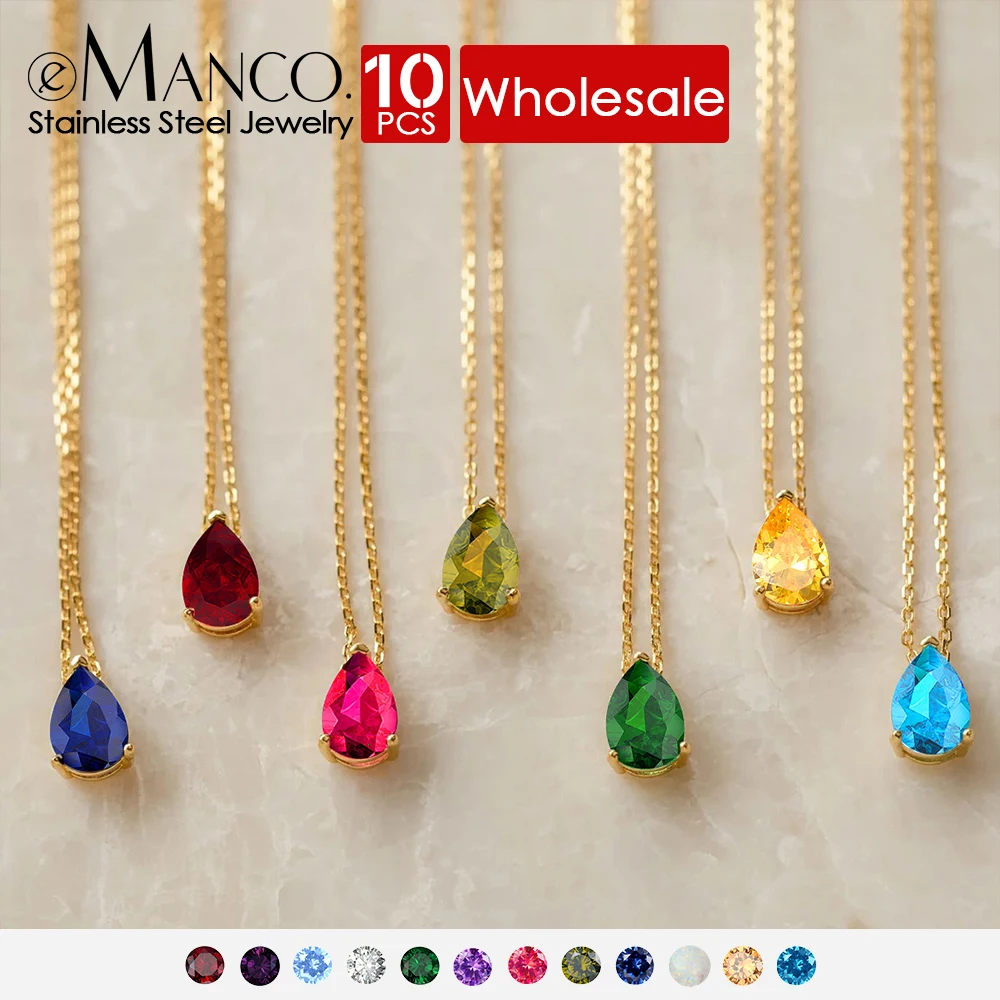 eManco 10PCS Stainless Steel Teardrop Zirconia Pendant Shiny Crystal Necklace Ladies Birthstone Chain Wholesale