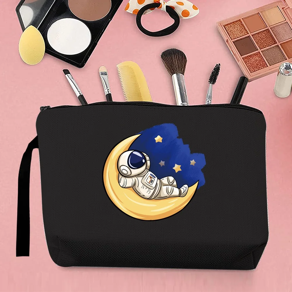 Mulheres Astronauta Padrão Estampado Saco Cosmético, Canvas Viagem Clutch, Preto Mudança Clutch, Personalizado, Portátil, Armazenamento ao ar livre, Rua, 2022