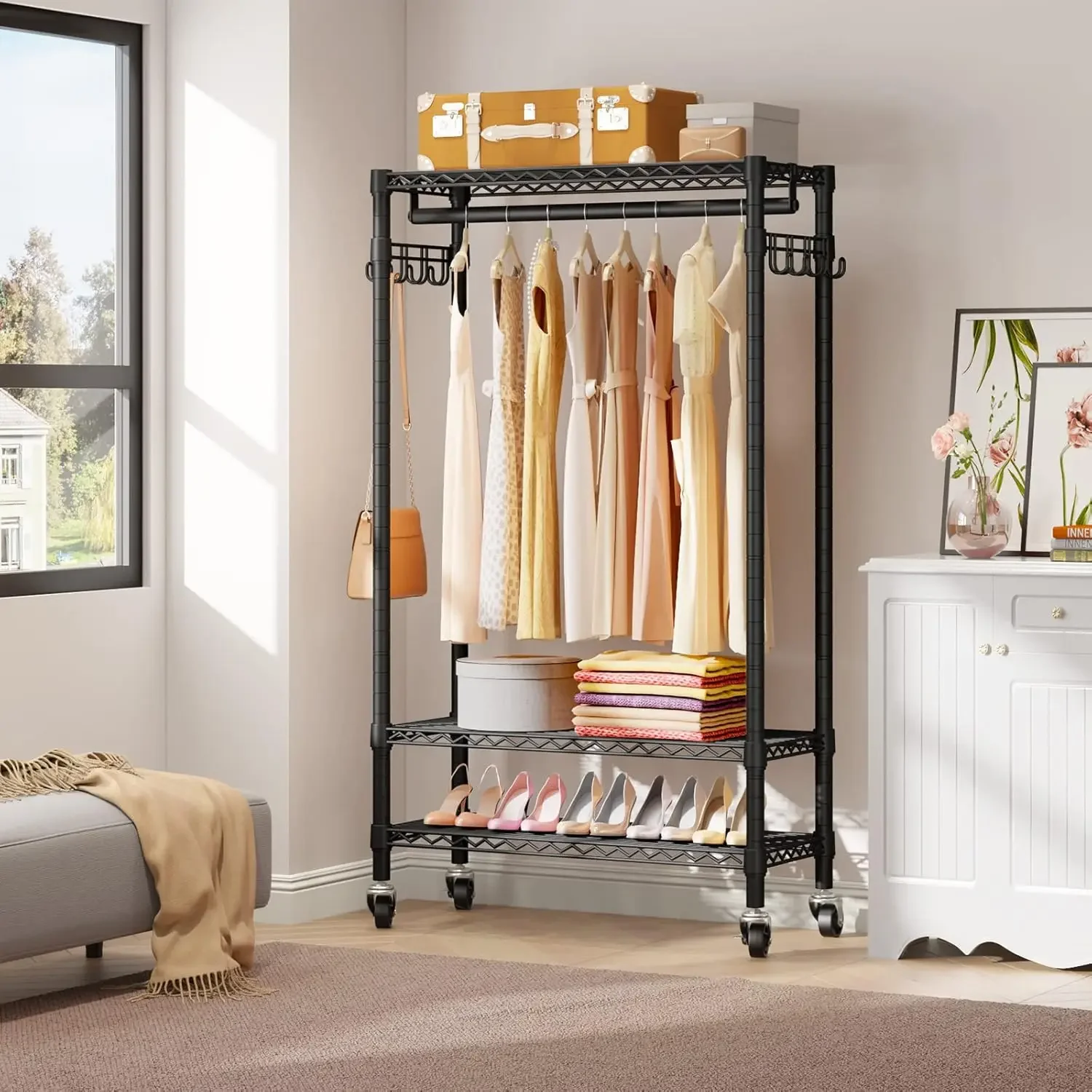 Rolling Garment Rack Heavy Duty Clothes Rack for Hanging Clothes, Portable Closet Wardrobe with Wheels and Side Hooks