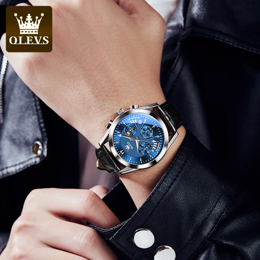 OLEVS Original Men\'s Watches Sport Chronograph Quartz Male Watch Waterproof Leather Strap Luminous Wristwatch 24 hour dial