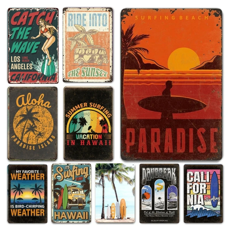 Vintage Beach Party Poster Metal Tin Signs Decor Surfing Paradise California Hawaii Metal Plate Home Wall Decor Room Decoration