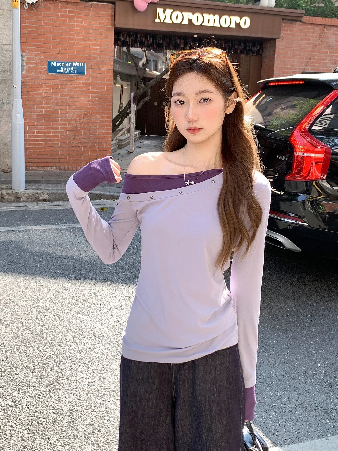 

Sexy American Girl Fake Two-Piece Rivet Asymmetrical oulder Long Sve T-irt Women's Slimming Spring Base irt