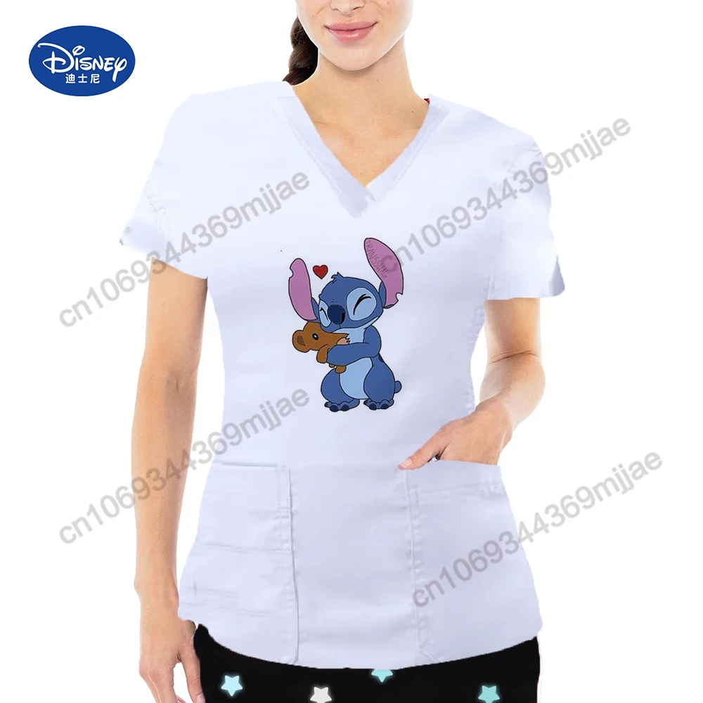 Summer Casual Women's T-shirts Two-Pocket Design Cartoon Pattern Female Clothes Free Shipping V-neck Short Sleeves Top for Women image 3