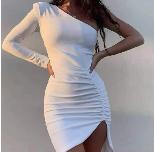 2023 figur betontes Kleid für Frauen One Shoulder Fashion elegantes sexy Club kleid Mini Plissee Schlitz Club Party Langarm kleid