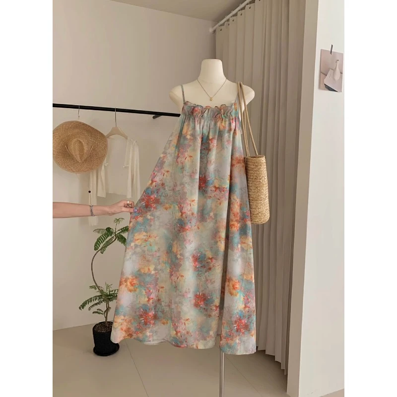 Vestido camisola Retro sin mangas con hombros descubiertos para mujer, vestidos largos holgados con estampado dulce, ropa femenina