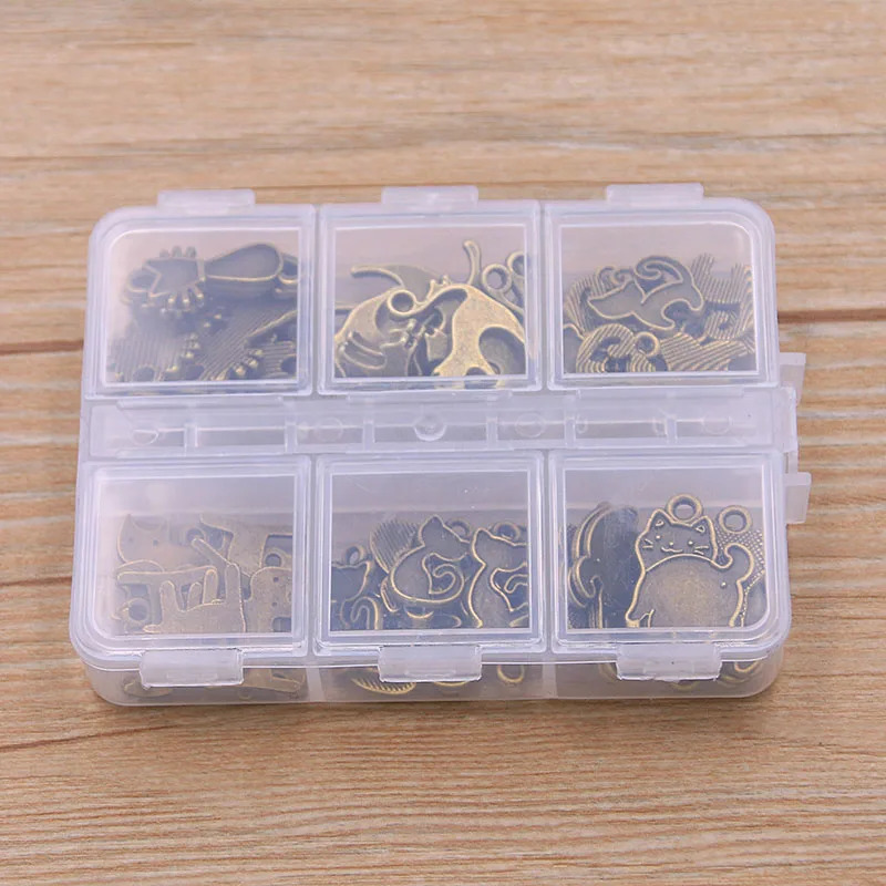 1 Set 60Pcs/Lot 2 Color 6 Styles Animal Charm Small Cat Pendant Kit With Box Material For DIY Jewelry Necklace Bracelet Making