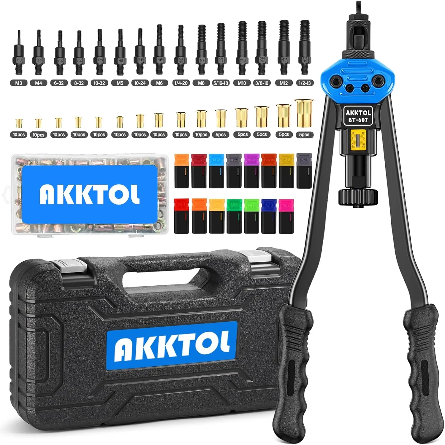

16" Rivet Nut Tool Kit with 15 Mandrels, 125-Piece Assortment, Rugged Case for Metal & Auto Work